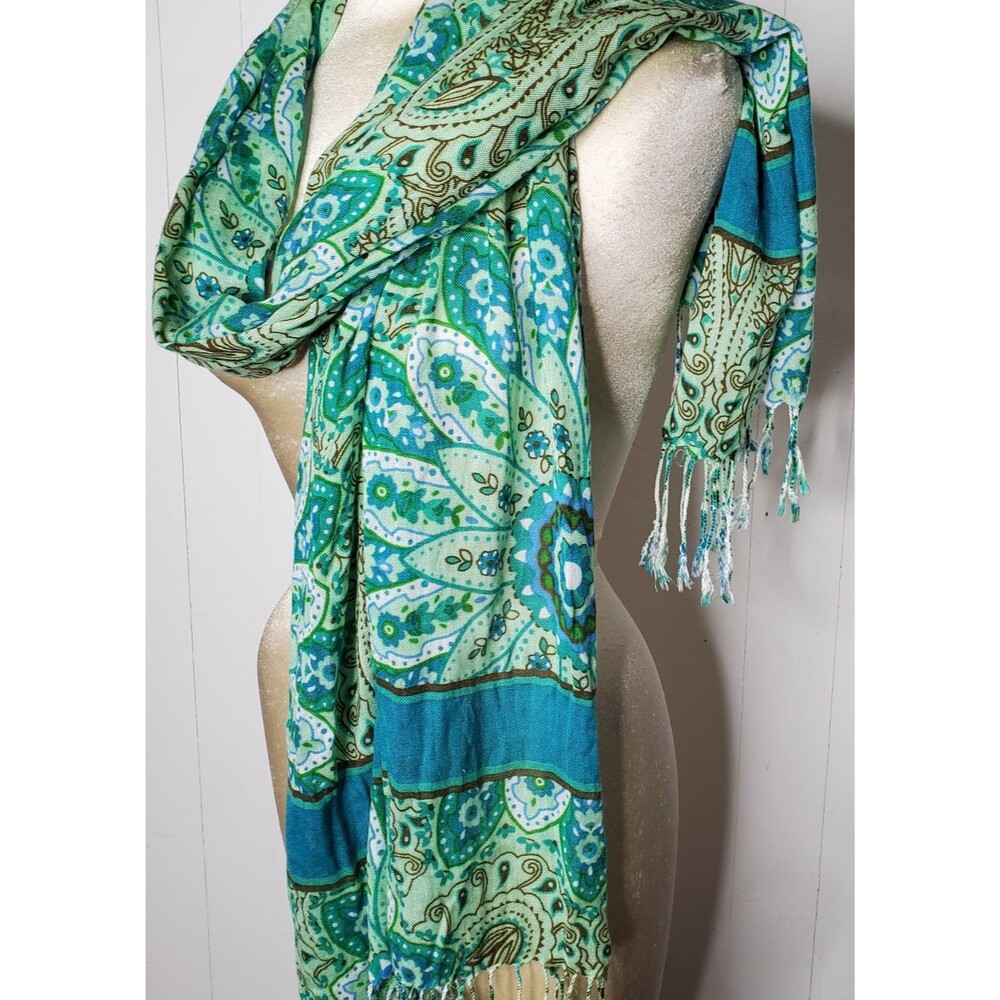 Paisley Print Scarf Shawl Wrap Blue Green Twist Fringe Lightweight 26x72" Flaw